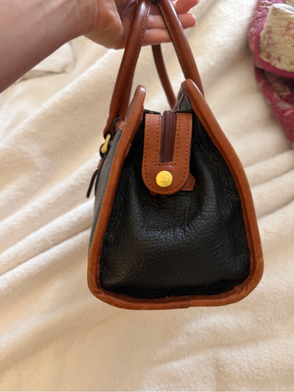 Classic Vintage Navy and Brown Leather Satchel Handbag - Picture 6 of 11